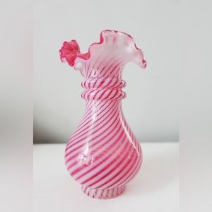 Fenton Cranberry Opalescent Glass Spiral Ruffled Vase
